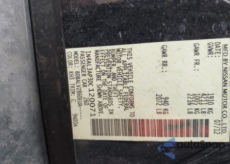 2013 Nissan Altima 2.5 Sl from USA, damaged, VIN 1N4AL3AP3DC120071